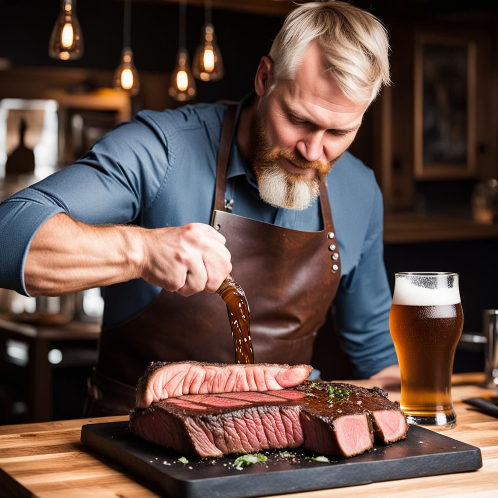 Norwegian Man Cooking Steak and Drinking Beer