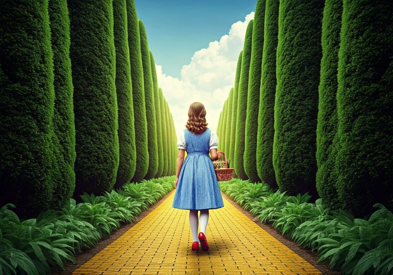Girl on Yellow Brick Road in Hyper-Realistic Style