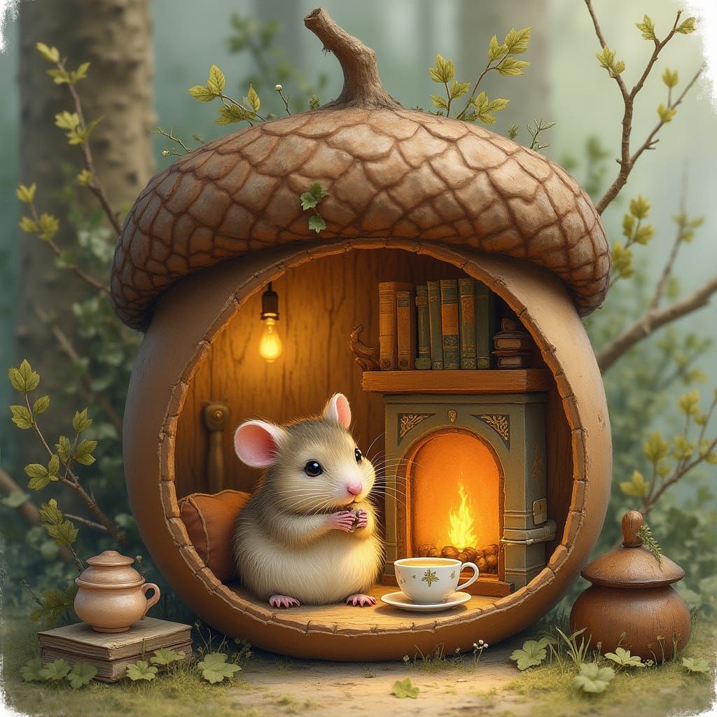Mouse's Cozy Acorn Home: A Whimsical Watercolor