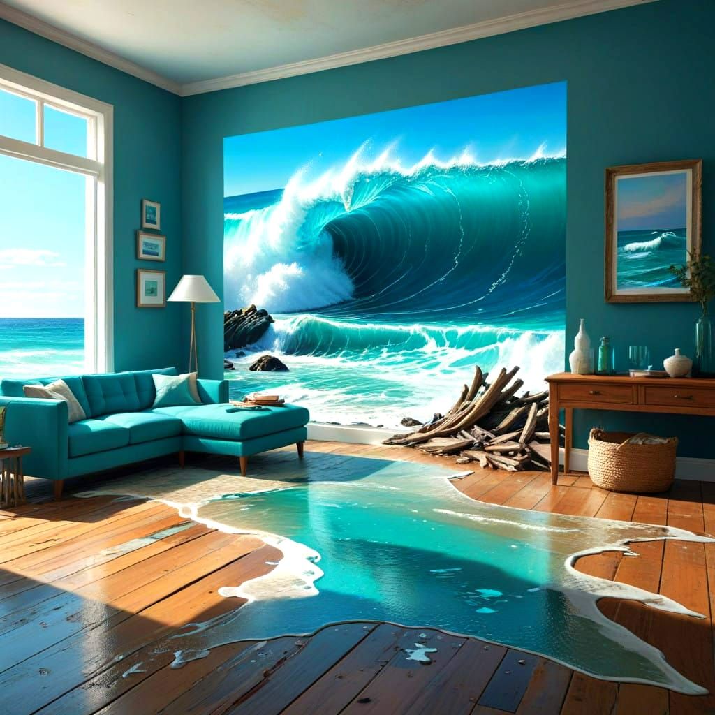 Water Splashes Out of a Beach Scene Painting on a Turquoise...