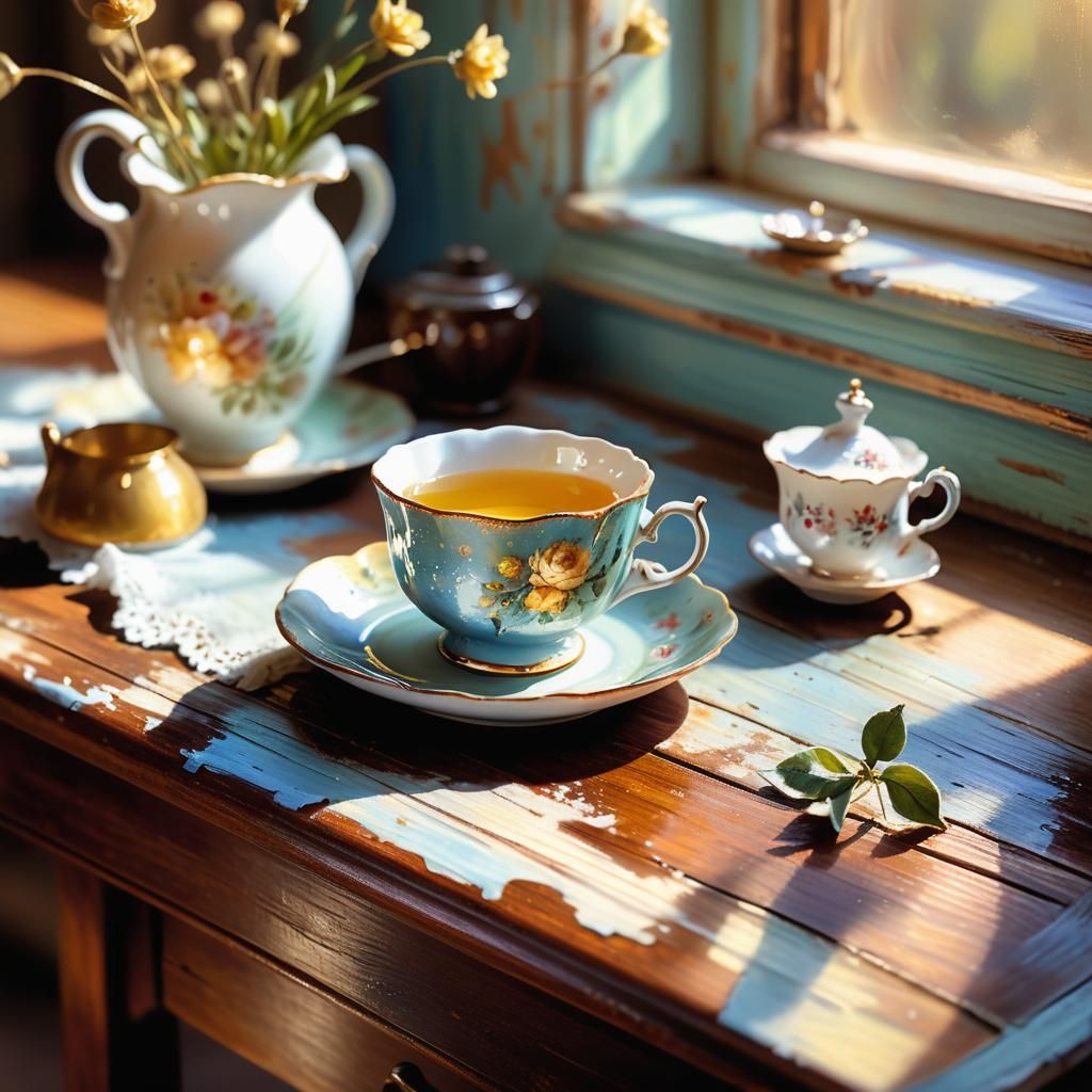 Dreamlike Still Life Oil Painting of Teacup