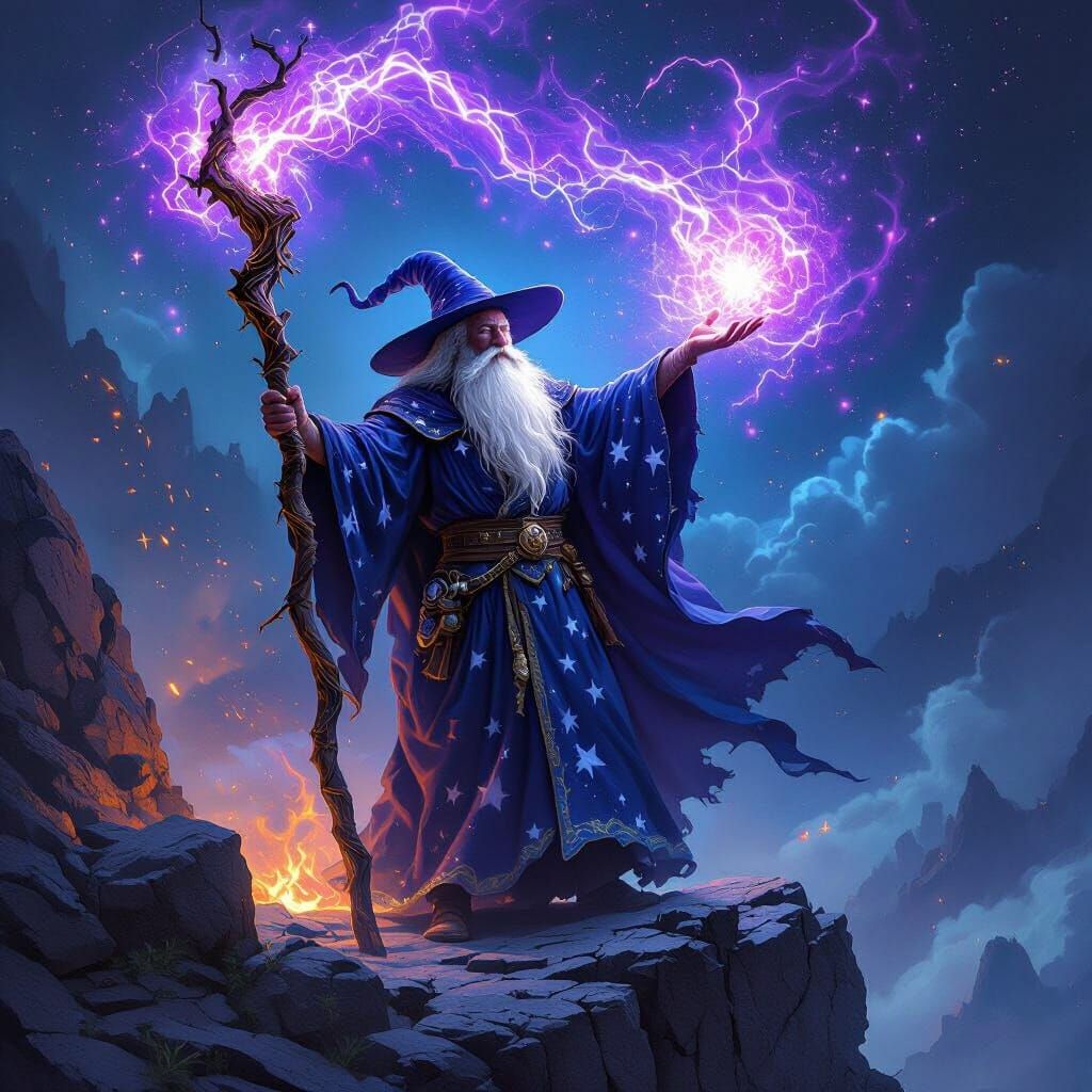 Wizard Casting Arcane Energy on Cliff at Midnight