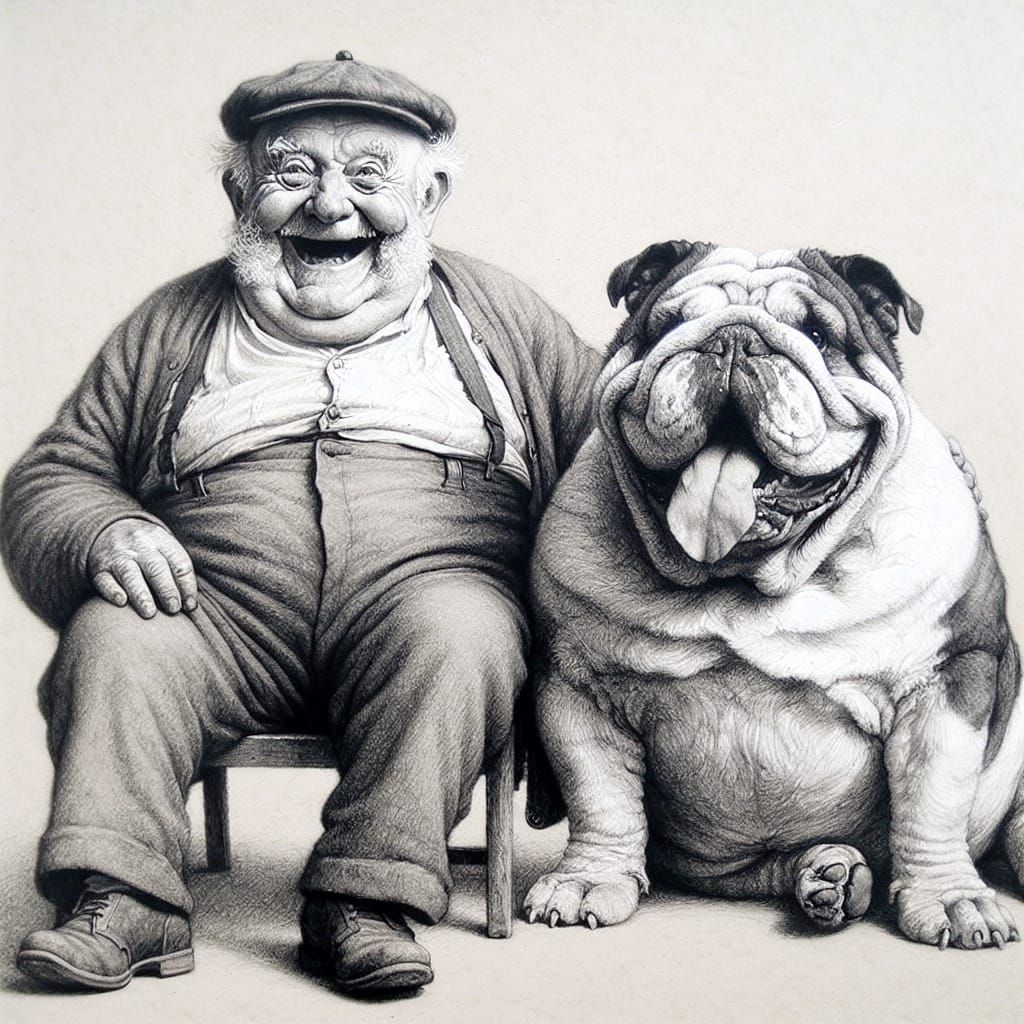 Elderly Man and Bulldog Best Buds Pencil Sketch