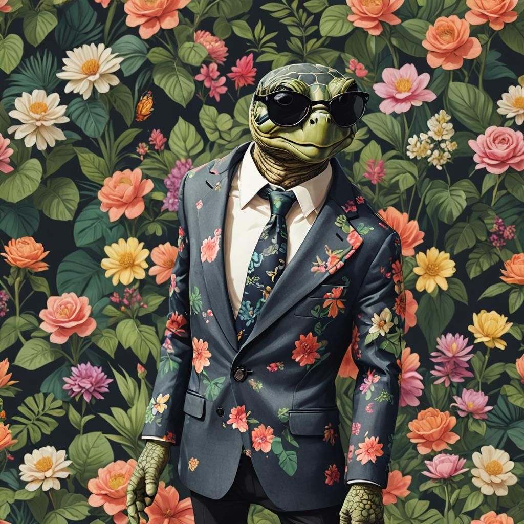 Stylish Turtle in Floral Blazer, Garden Scene