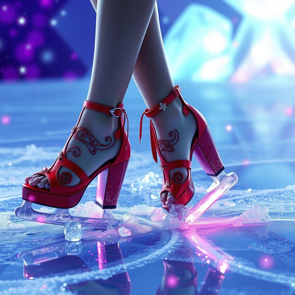 Woman's Feet in Red Platform Sandal Ice Skates, Frozen in Mi...