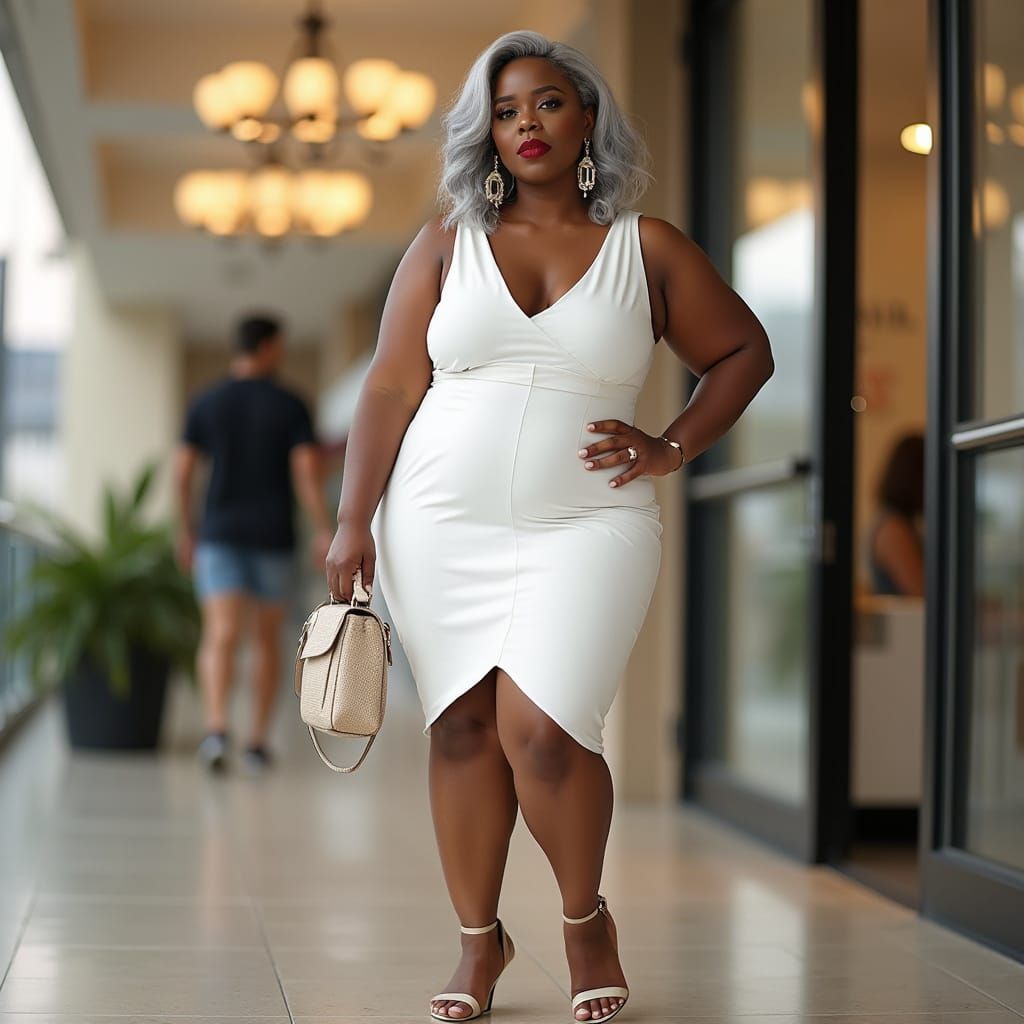 Elegant Woman in White Dress at Mall Entrance