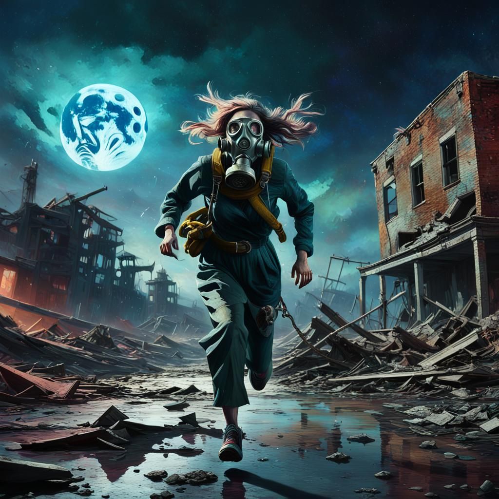 Woman Running with Anchor in Apocalyptic Landscape