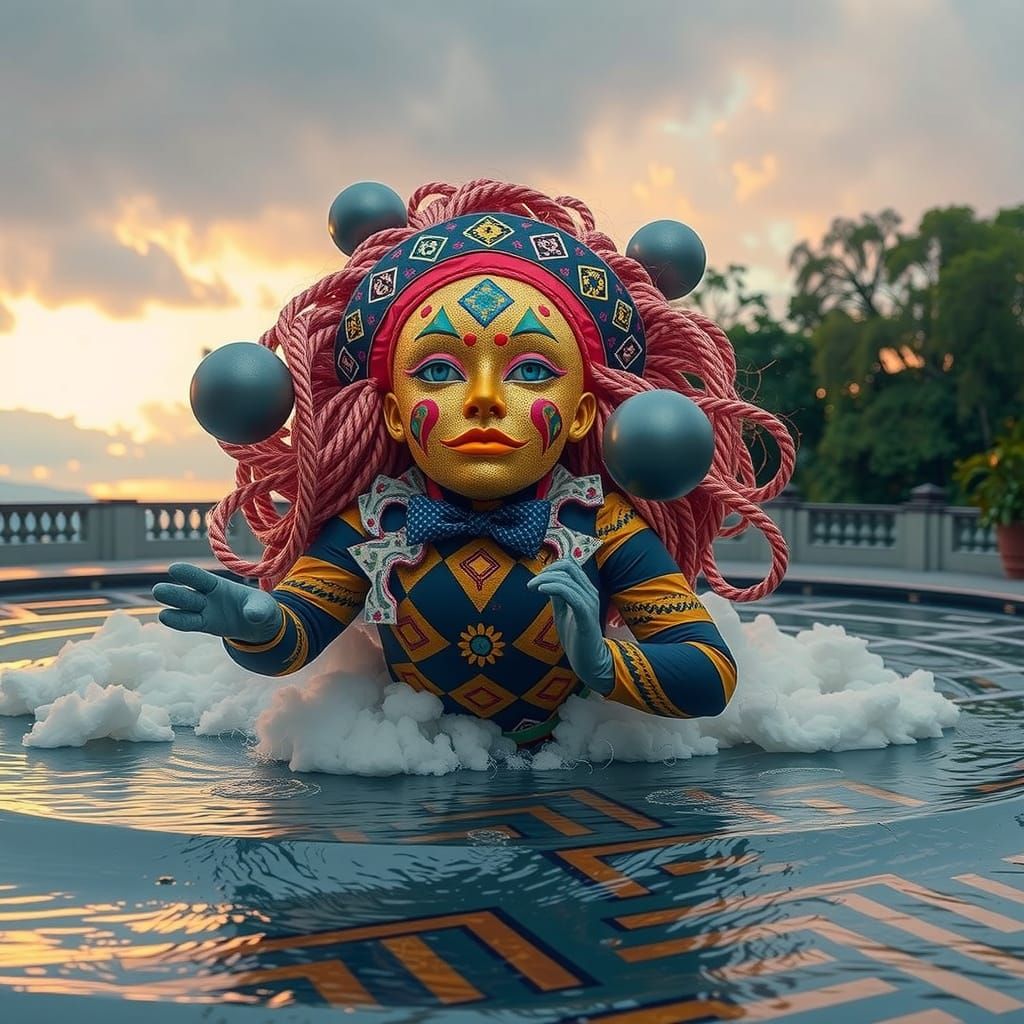 Vibrant Harlequin in Op-Art Labyrinth