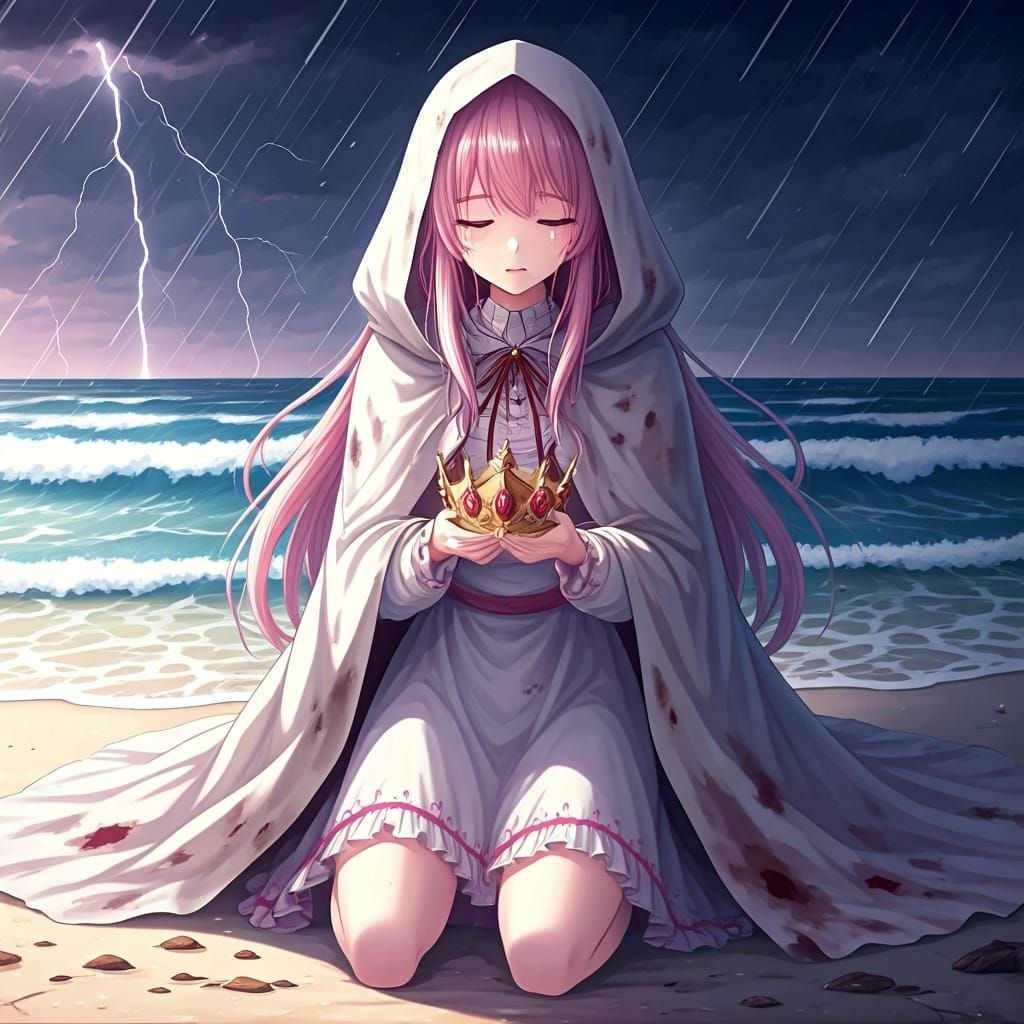 Fallen Pink-Haired Anime Princess in Storm