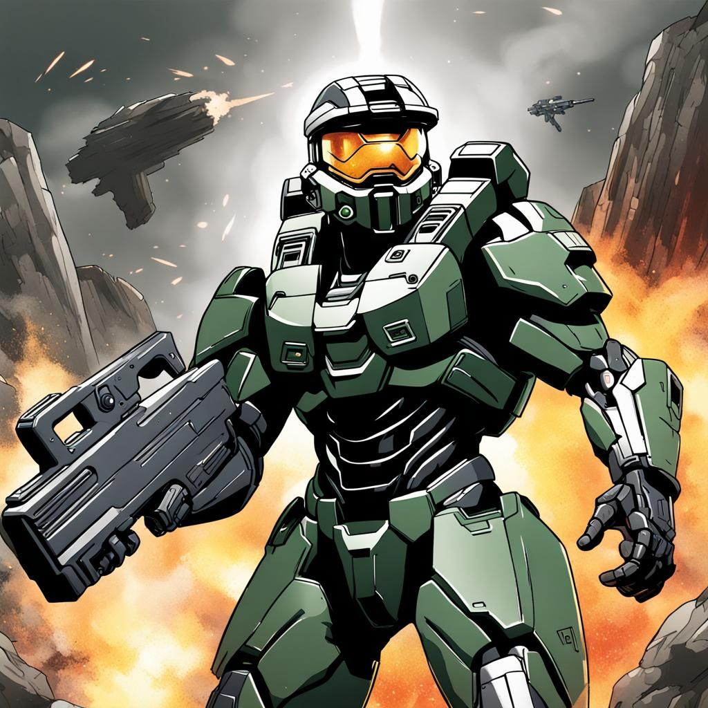 Halo Spartan Warrior with Laser Rifle, Anime Style