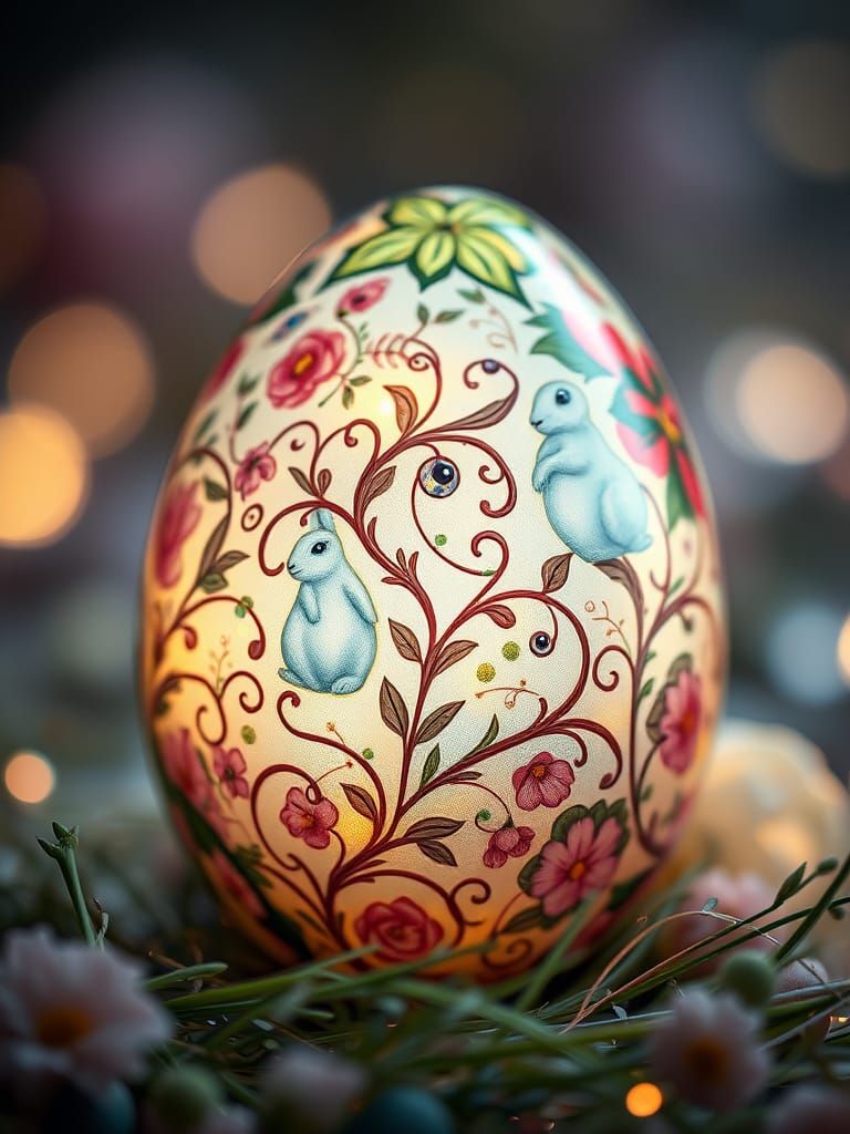 Hypereal. An extremely detailed painted Easter Egg, depicting a pattern made of Easter symbols, flowers and small white ...