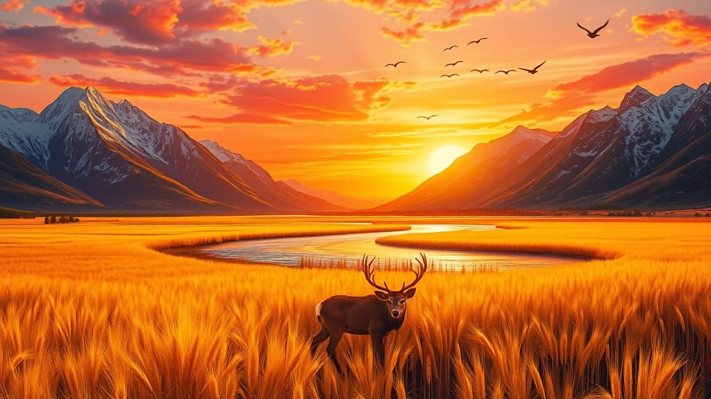 Surreal Sunset over Golden Wheat Field with Majestic Mountai...