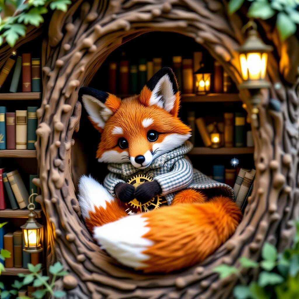Fox Automaton Reading in Cozy Tree Nook