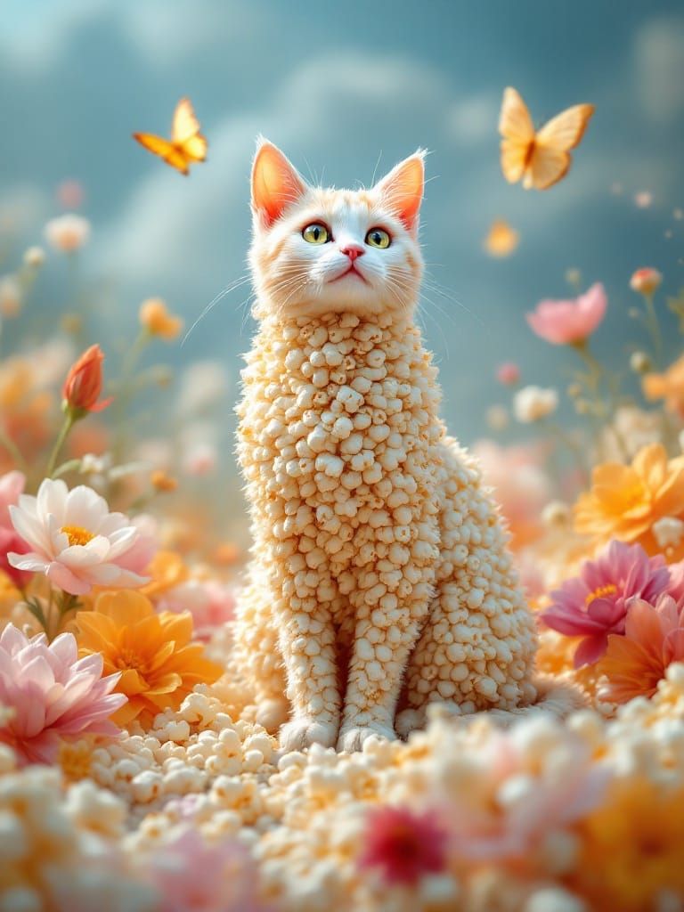 Popcorn Cat in a Colorful Landscape