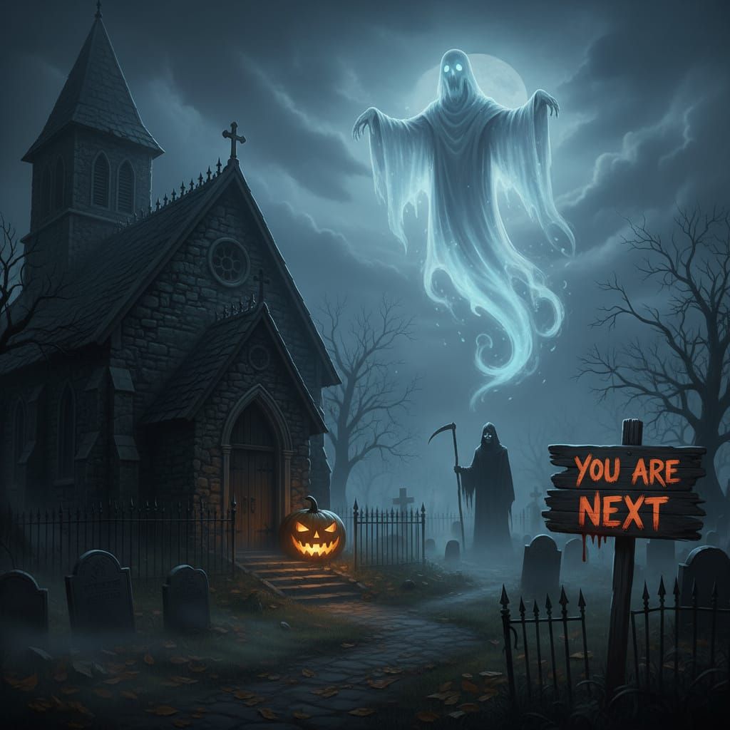 Ghost Haunts Spooky Churchyard with Grim Reaper