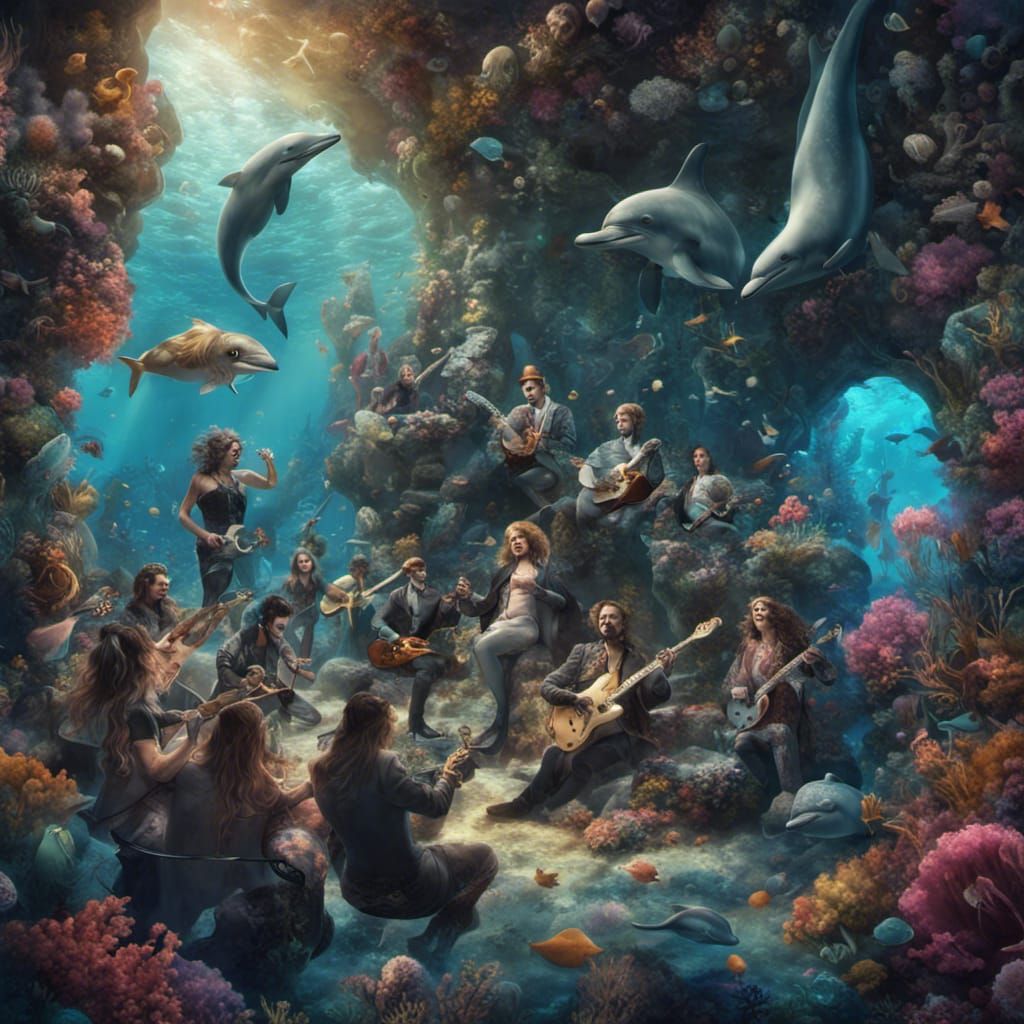 Dolphin Rock Band Plays for Mermaids: Fantasy Art