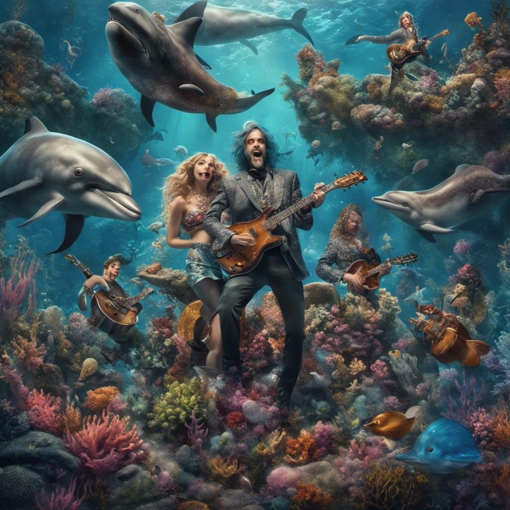 Dolphin Rock Band Plays for Mermaids Underwater