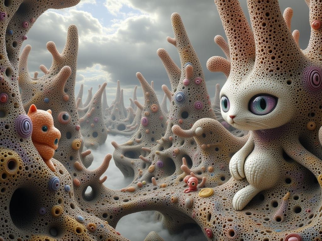 Dreamlike Cityscape of Feline Aliens in a Fractal Metropolis