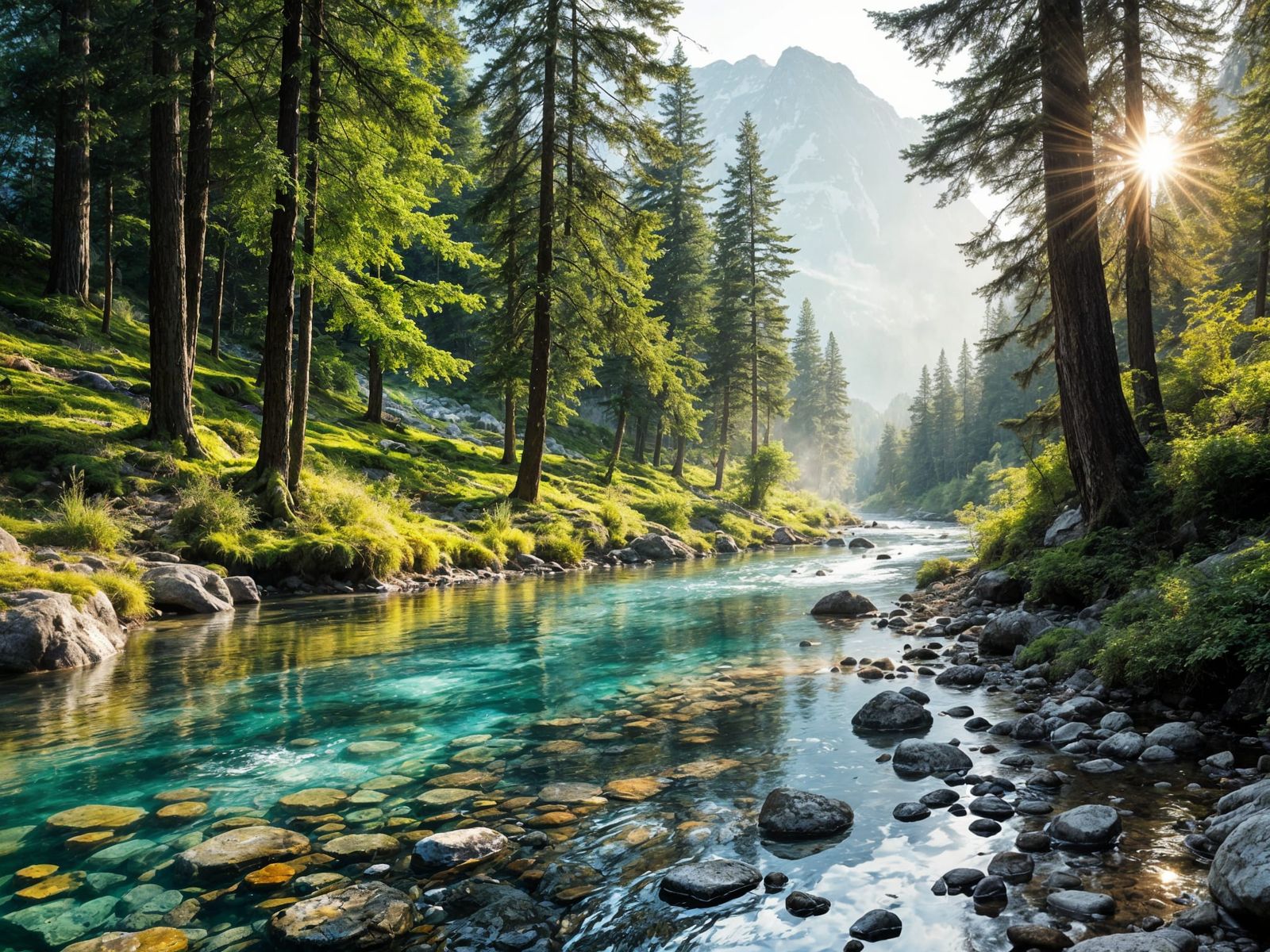Alpine River in Turquoise Waters Reflects Pine Trees