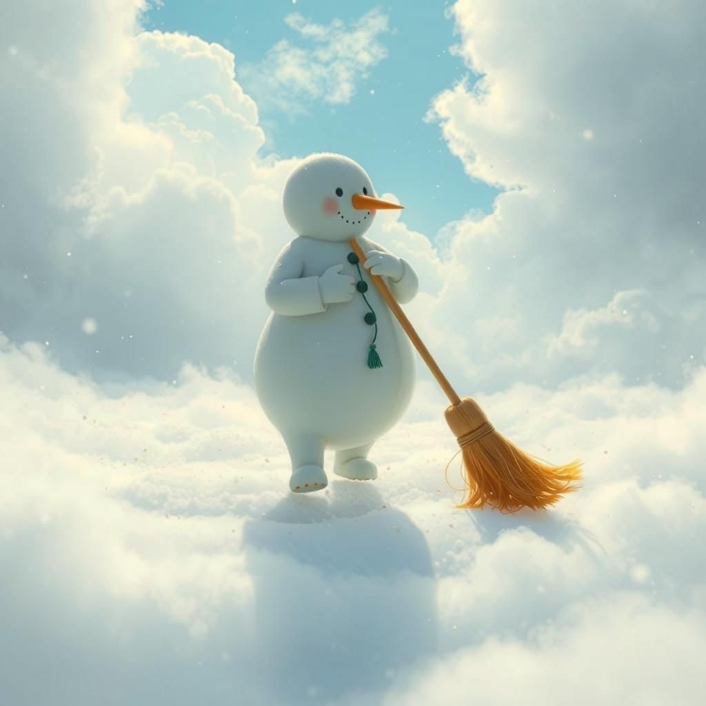 Snowman Sweeping Clouds in Dreamlike Illustration