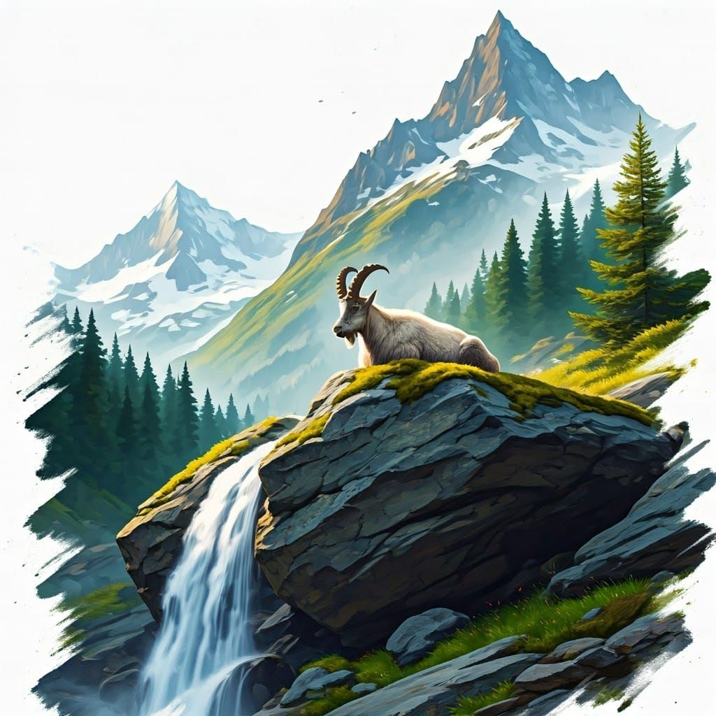Swiss Alps Waterfall Scene in Dreamy Watercolor Style