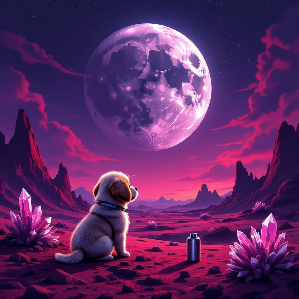 Cute Puppy on Alien Planet Gazing at Shattered Moon