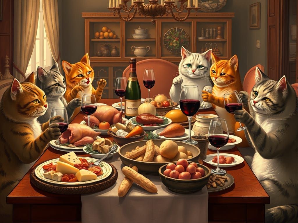 Anthropomorphic Cats Enjoying a Lavish Feast