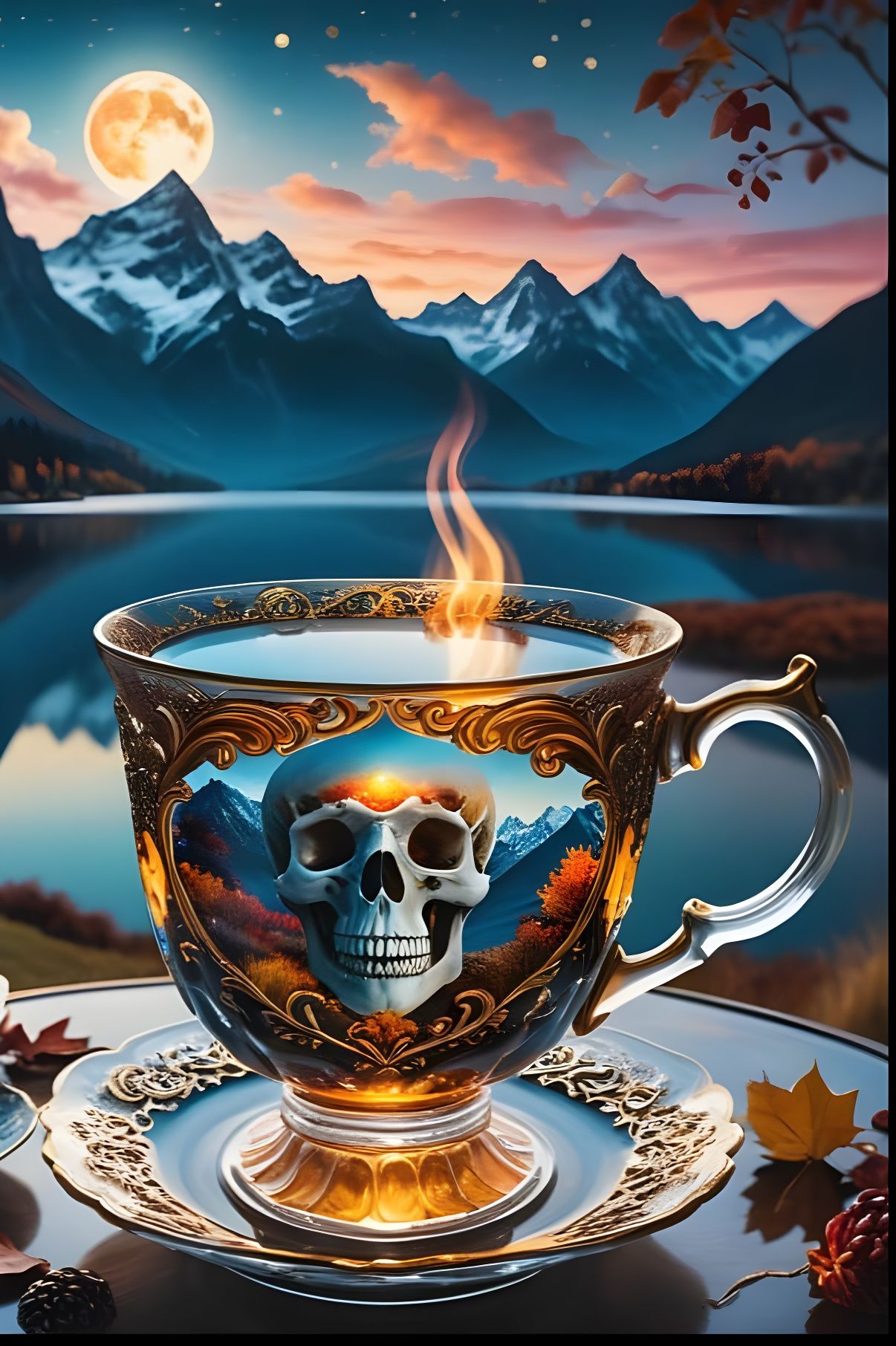 Dreamlike Teacup with Skulls in Oil Painting Style