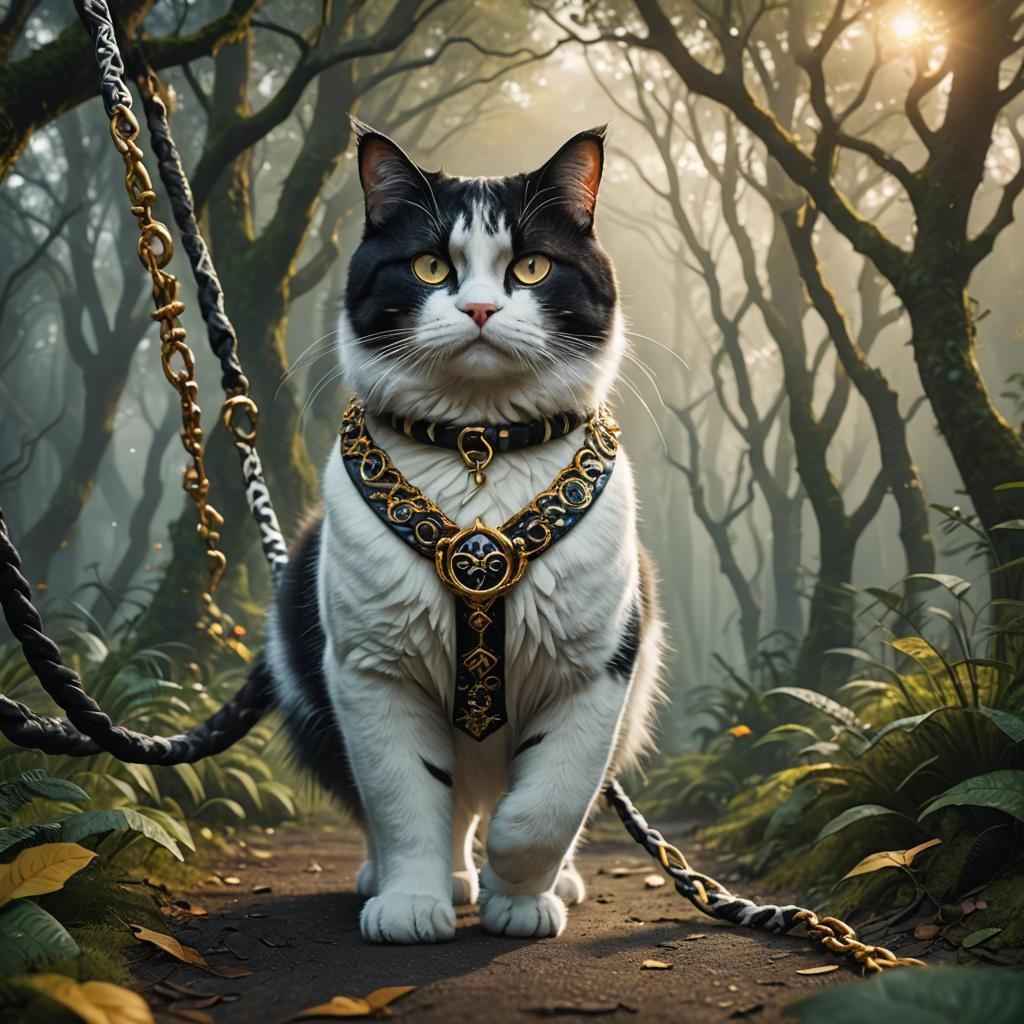 Fantasy Cat on Leash in Magical Forest