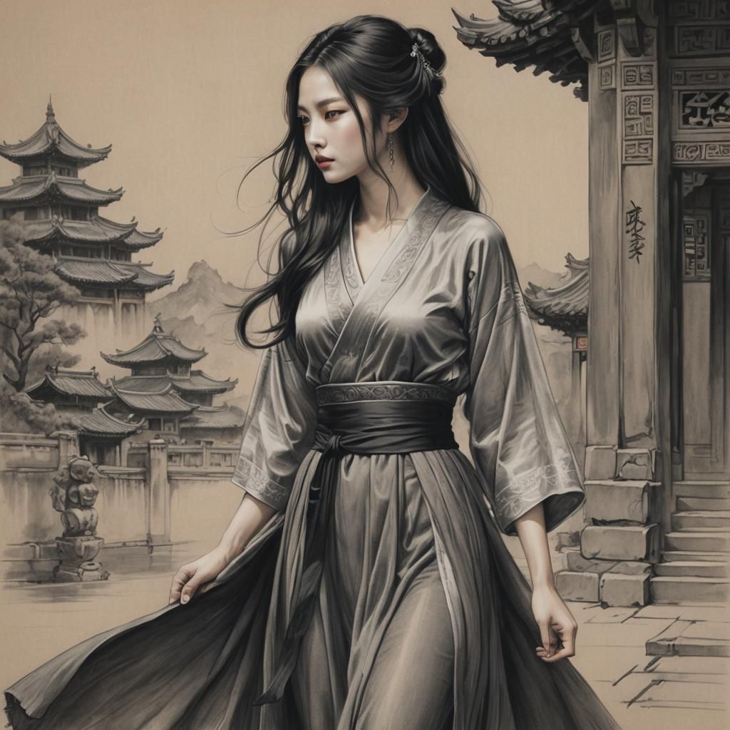 Attractive Dark-Haired Woman in Charcoal Drawing