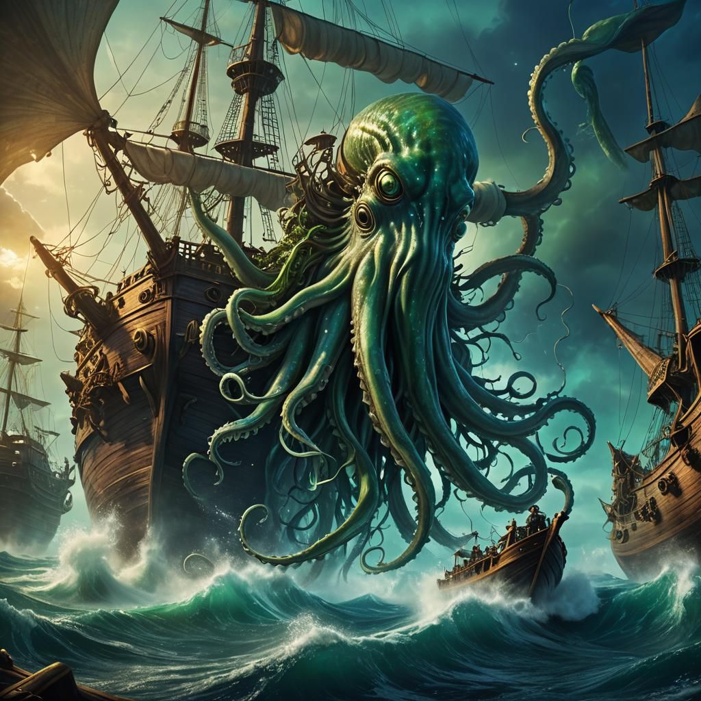 Giant Squid Attacks Pirate Ship: Digital Matte Painting