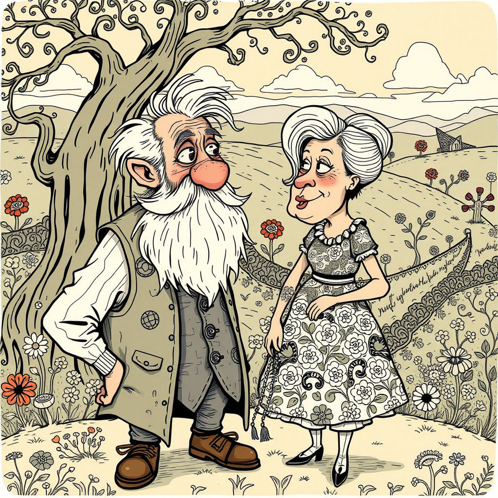 Whimsical Doodles: Old Man and Woman in Cartoon Landscape
