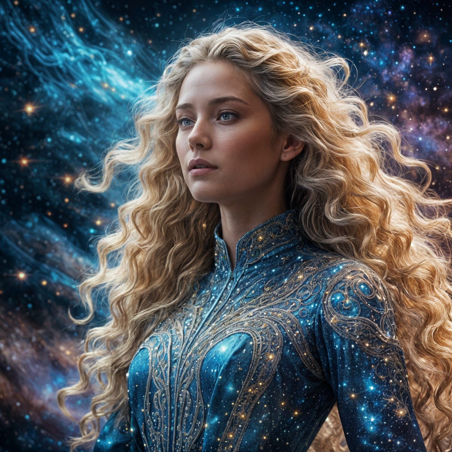 Stunning Hyperrealistic Woman in Vibrant Cosmic Setting