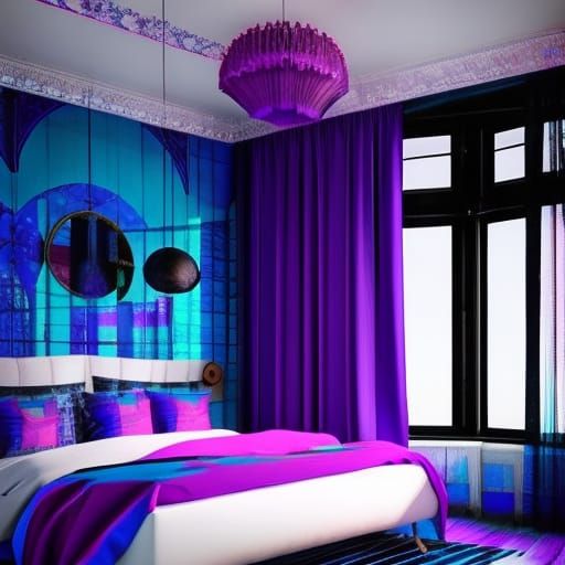 Ethereal bedroom with black tiles on the walls with vibrant purple tiles accents& cobalt blue tiles accents& rose gold t...