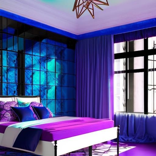 Ethereal bedroom with black tiles on the walls with vibrant purple tiles accents& cobalt blue tiles accents& rose gold t...