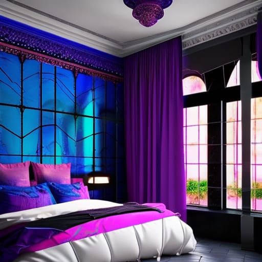 Ethereal bedroom with black tiles on the walls with vibrant purple tiles accents& cobalt blue tiles accents& rose gold t...