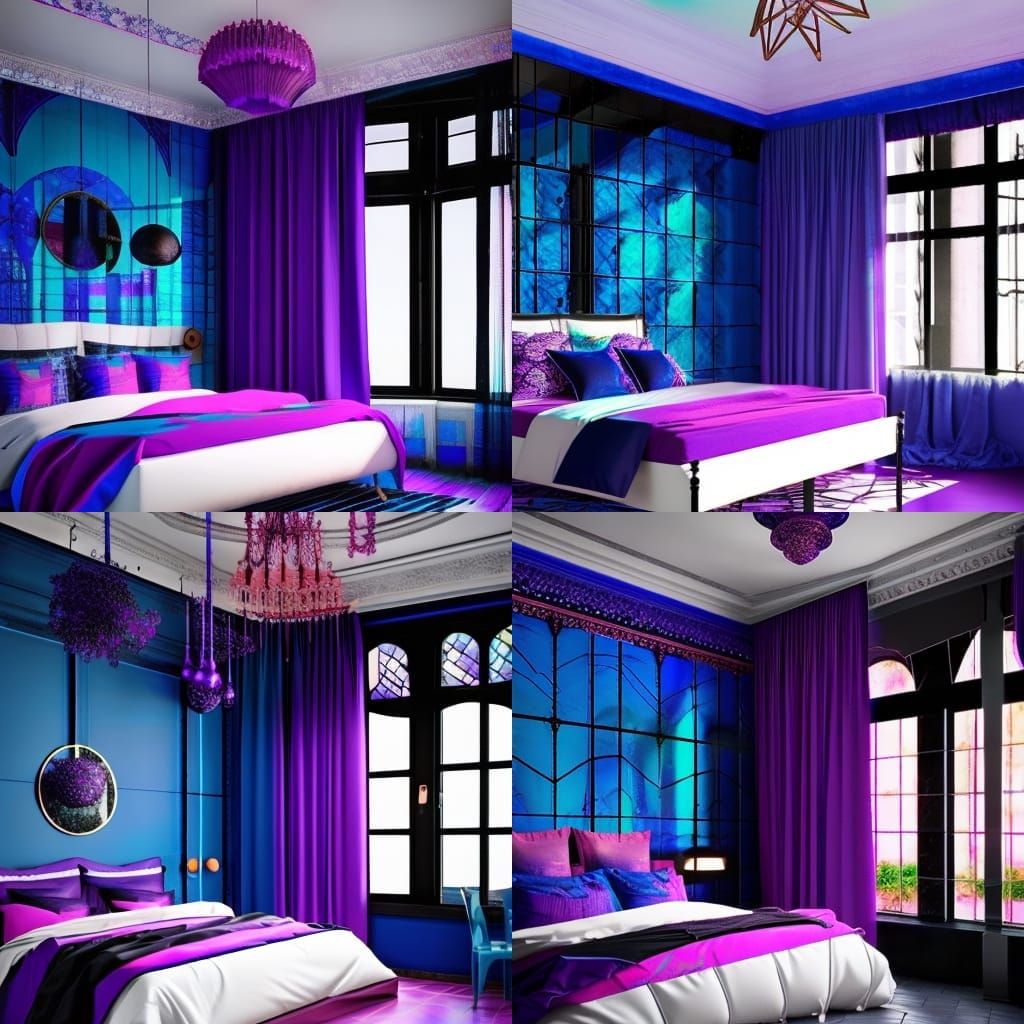 Ethereal bedroom with black tiles on the walls with vibrant purple tiles accents& cobalt blue tiles accents& rose gold t...