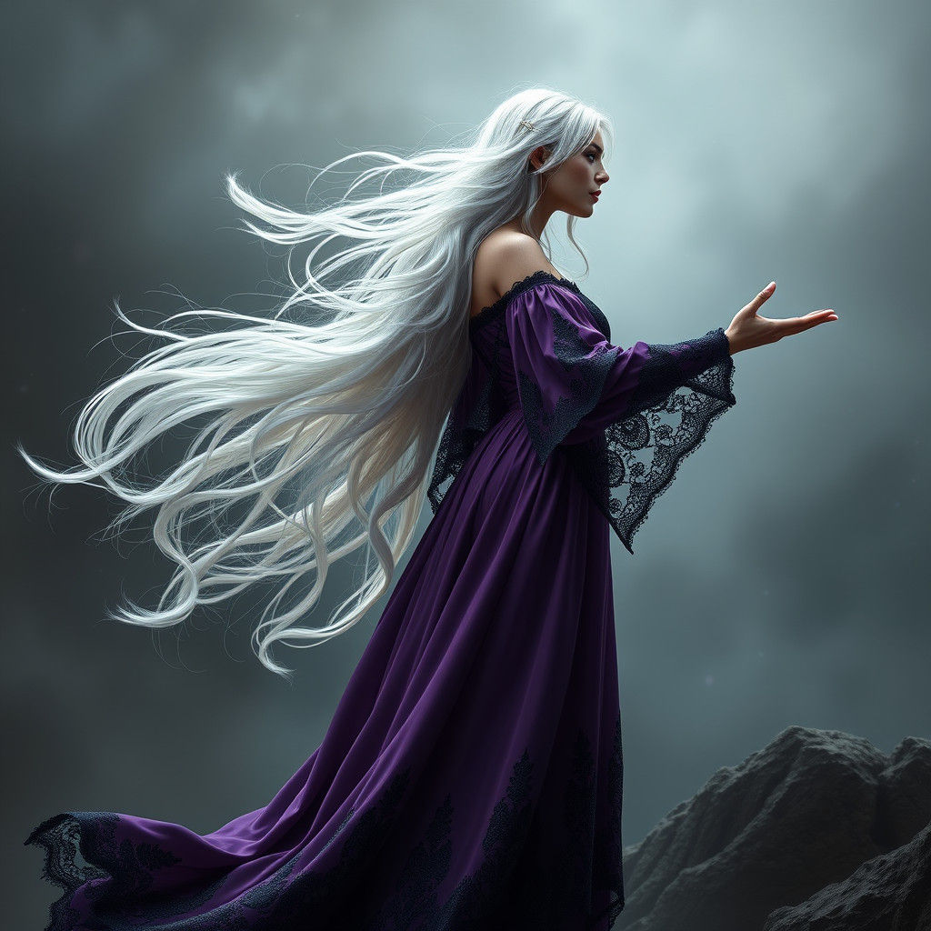 Regal Woman Summons Wind in Ethereal Portrait
