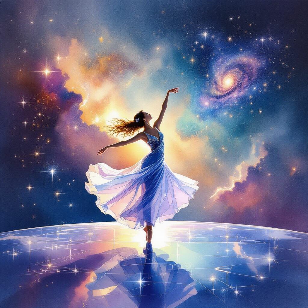 Dancer on Cosmic Gem in Dreamlike Watercolor Style