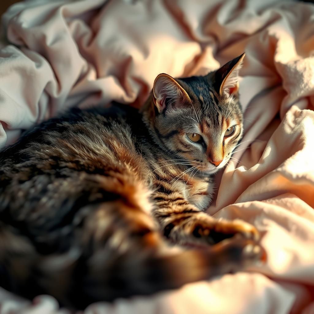 Realistic Tabby Cat Lounging on Pastel Bed