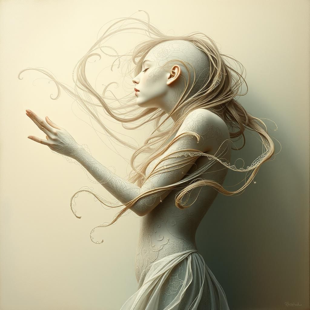 Ethereal Figure in Fractured Filigree Dreamscape