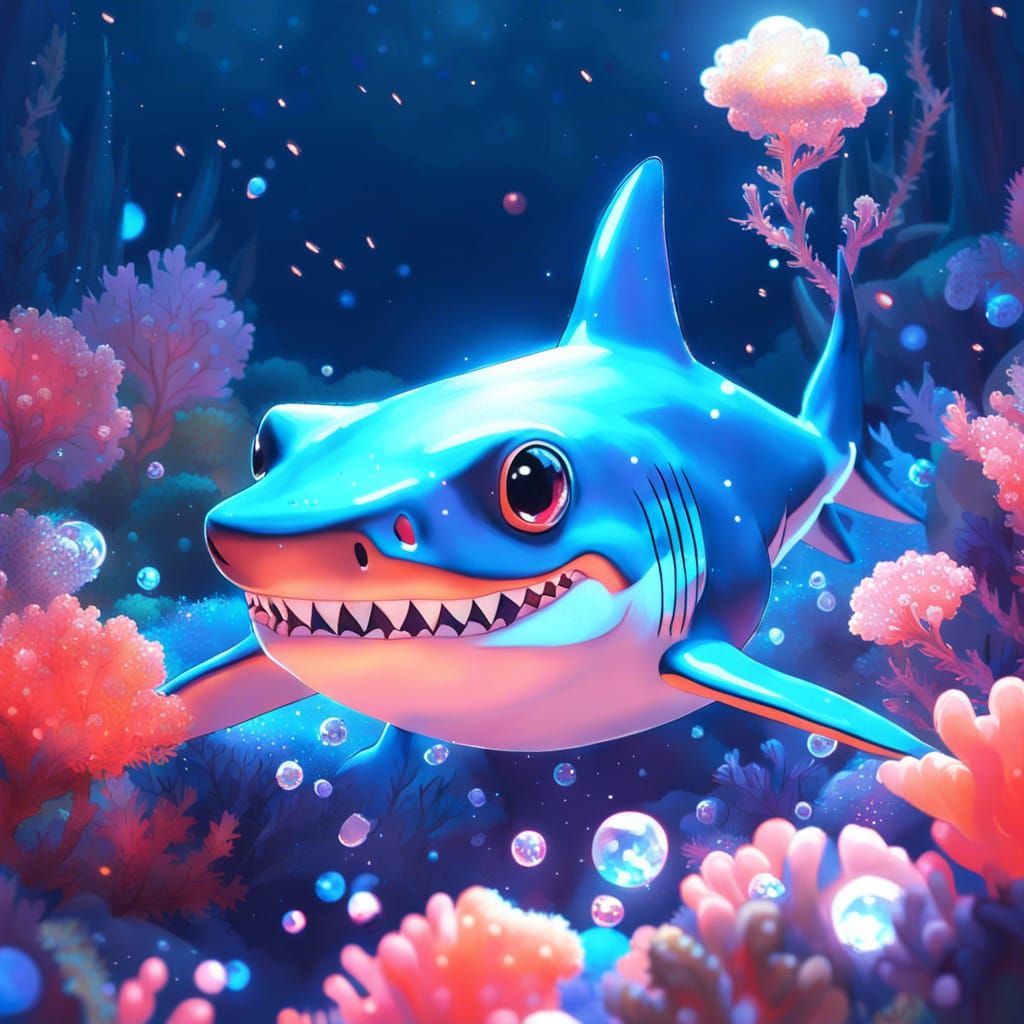 Cute Crystal Shark on Coral Reef, Digital Art