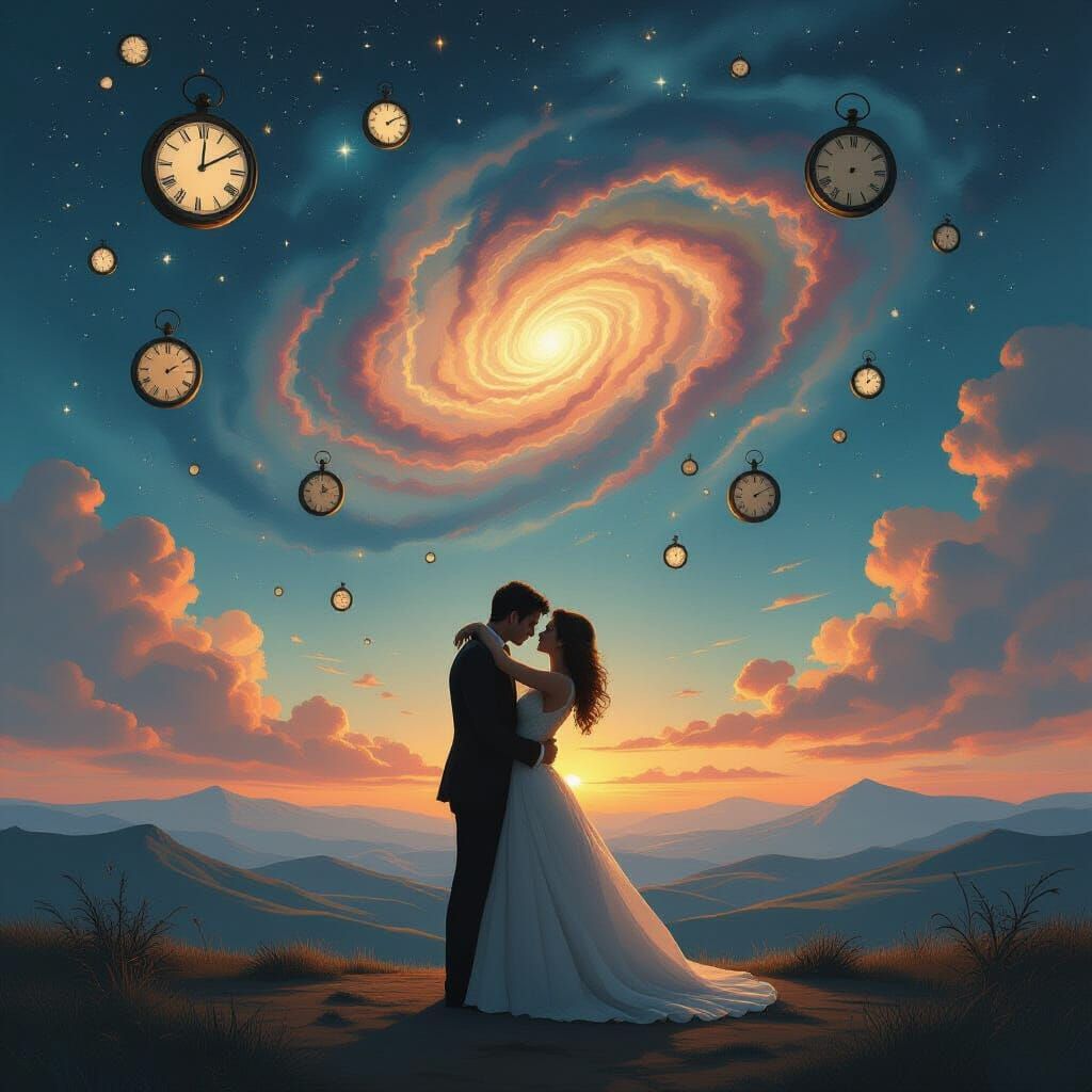 Surreal Romantic Movie Poster with Nebulae and Clocks