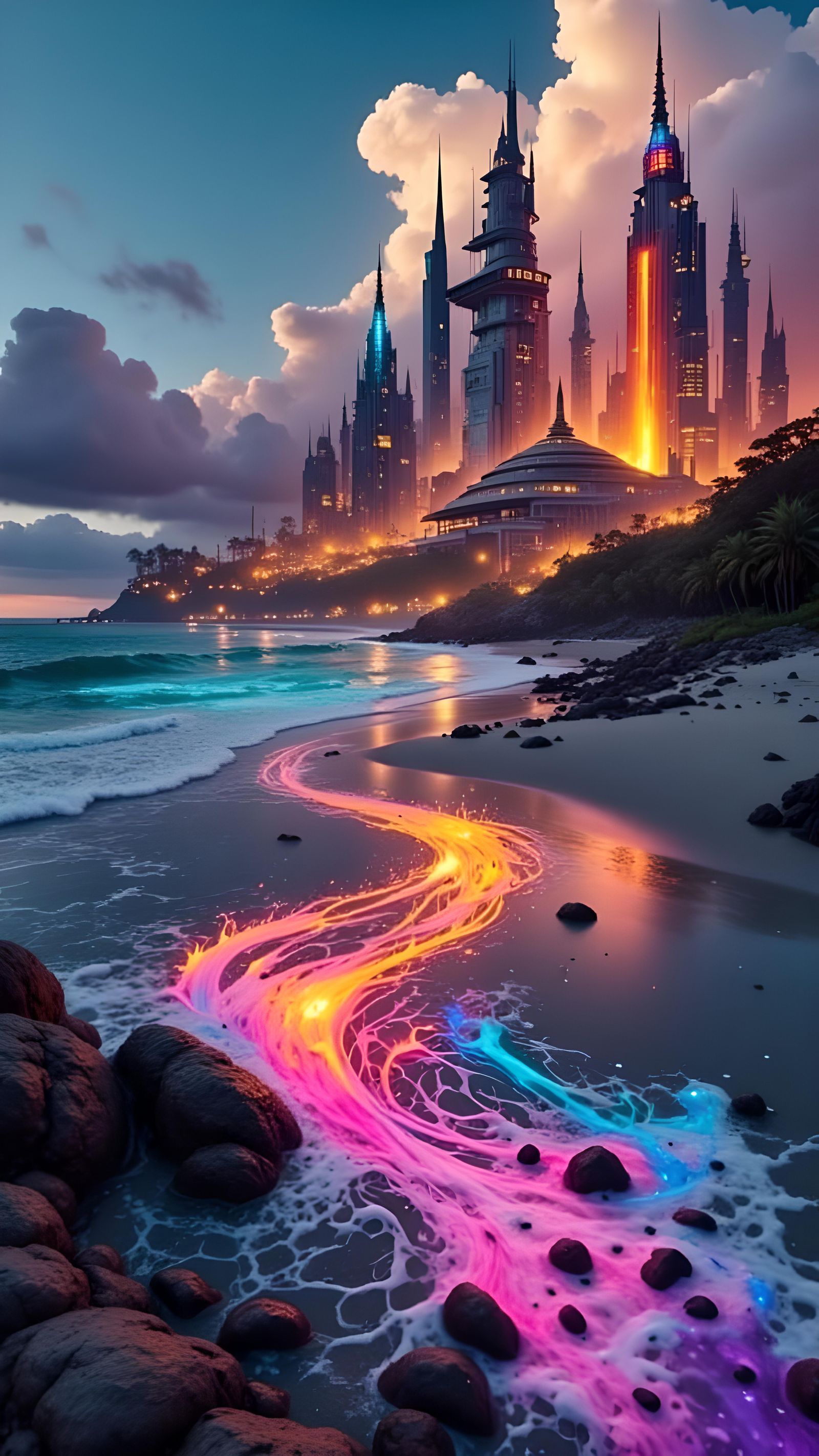 Sci-Fi Beachside Fortress in Tropical Cyberpunk Style