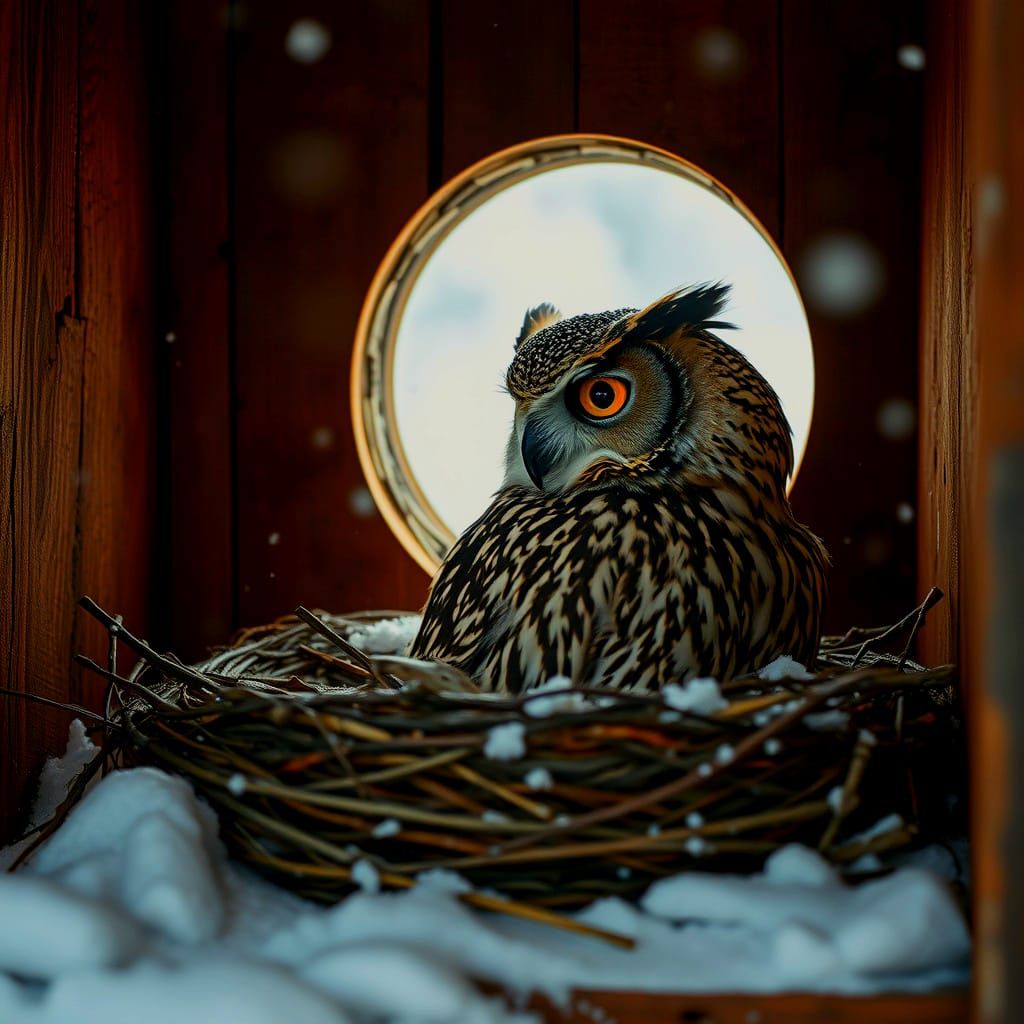 Owl in Barn Watching Snowfall: Hyperrealistic Wildlife