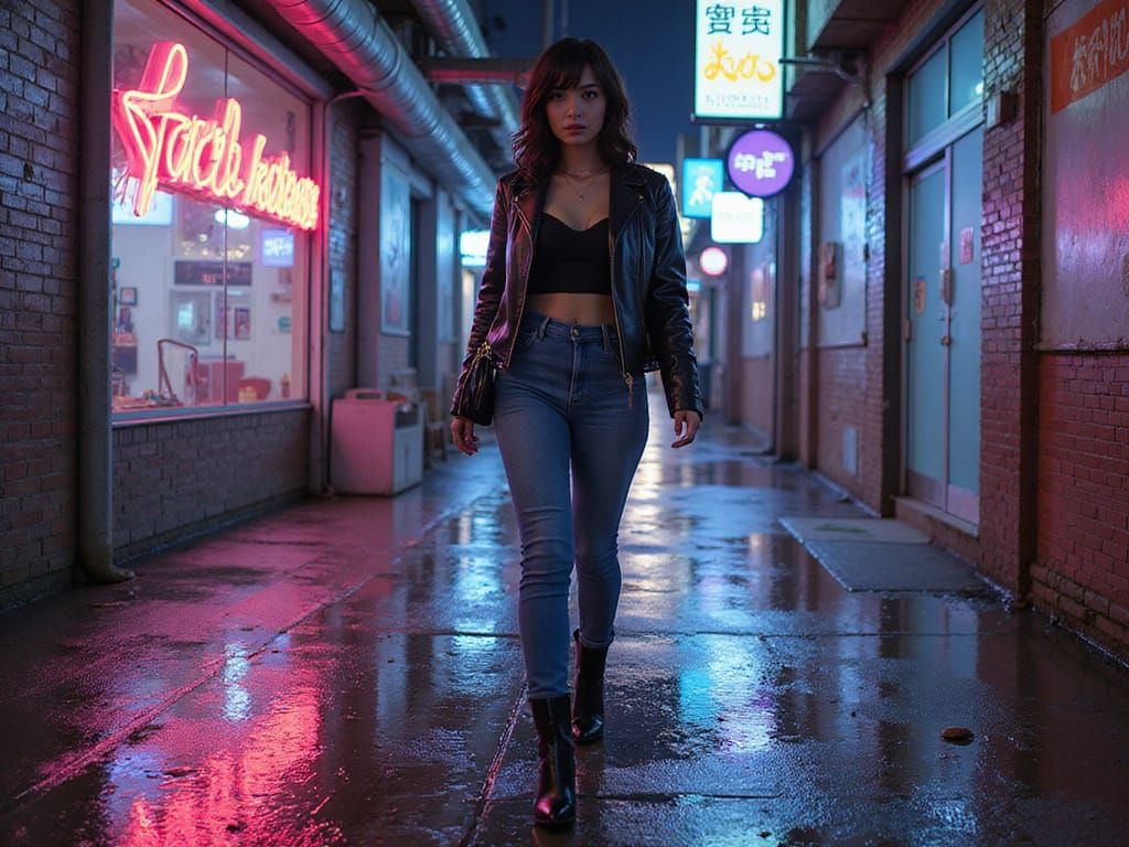Cyberpunk Woman Walking in Neon Cityscape