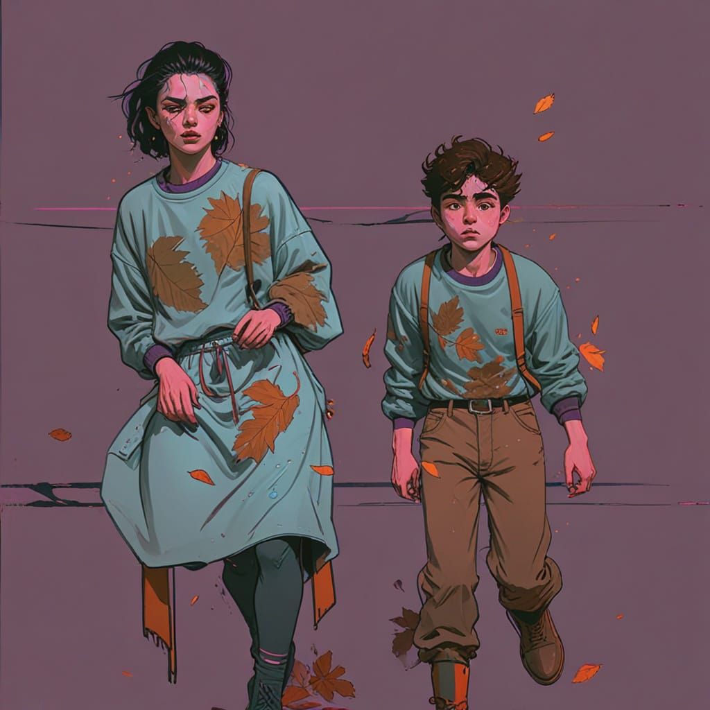 Synthwave Concept Art of Men Kicking Leaves