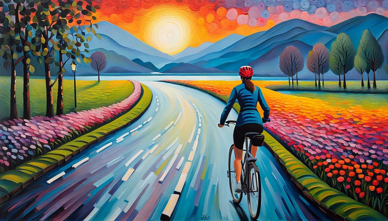 Cyclist on Lakeside Path in Neo-Impressionist Style