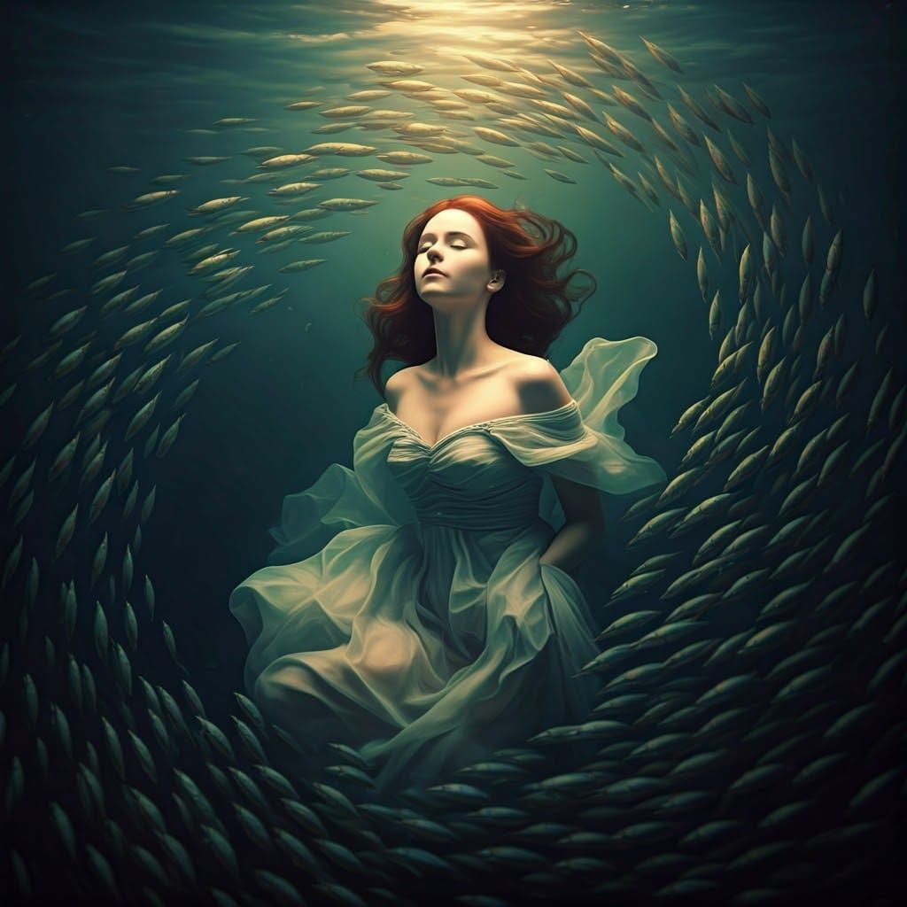 Ethereal Underwater Goddess in a Sea of Iridescent Fish
