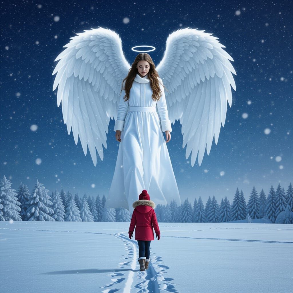 Angel Watches Girl in Snowy Winter Landscape